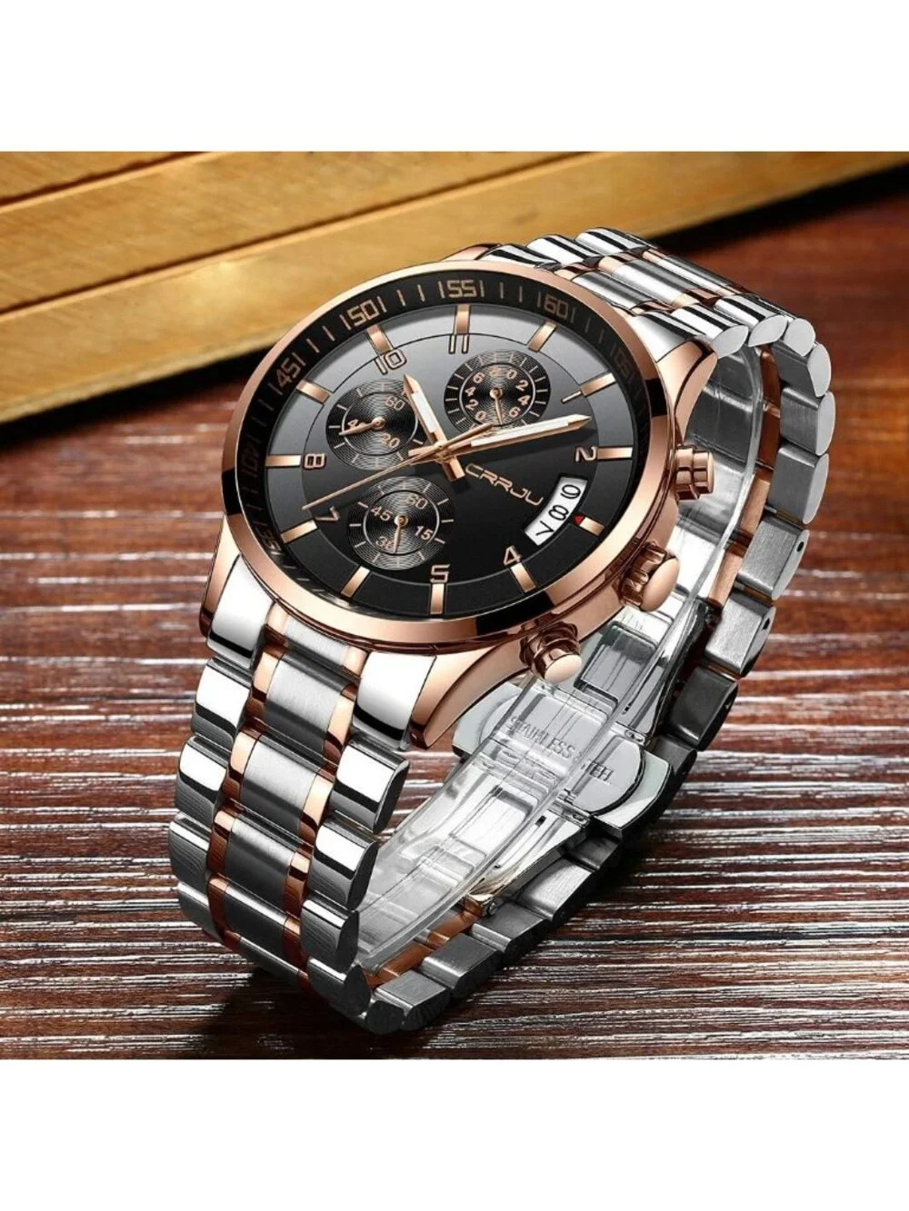Men's Silver Rose Gold Analog Stainless Steel Waterproof Chronograph Wrist Watch